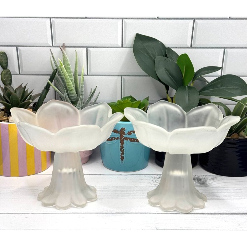 Frosted Glass Lotus Flower Candle Holders/Pedestal Bowls Set Of 2